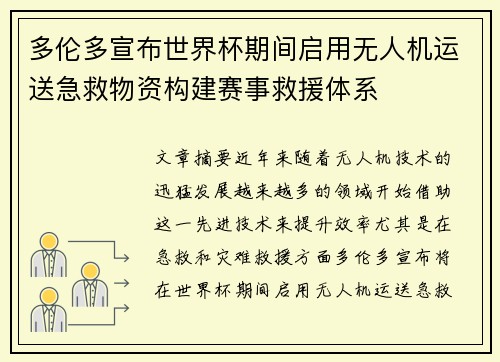 多伦多宣布世界杯期间启用无人机运送急救物资构建赛事救援体系